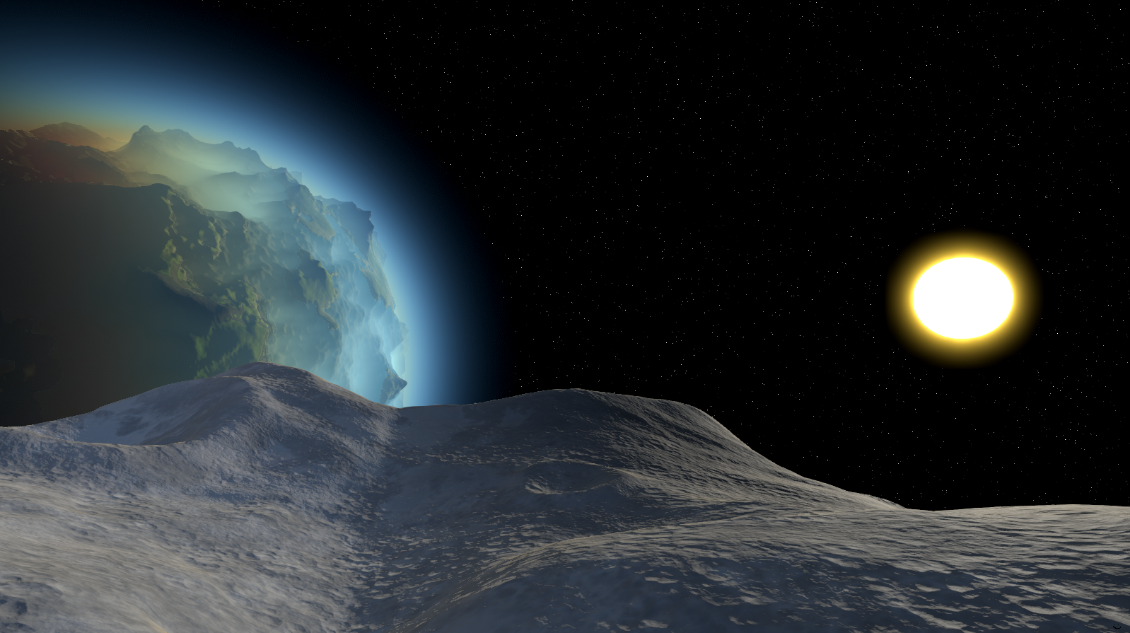 An image of a rendered atmosphere surrounding an Earth-like planet visible from the surface of a moon.