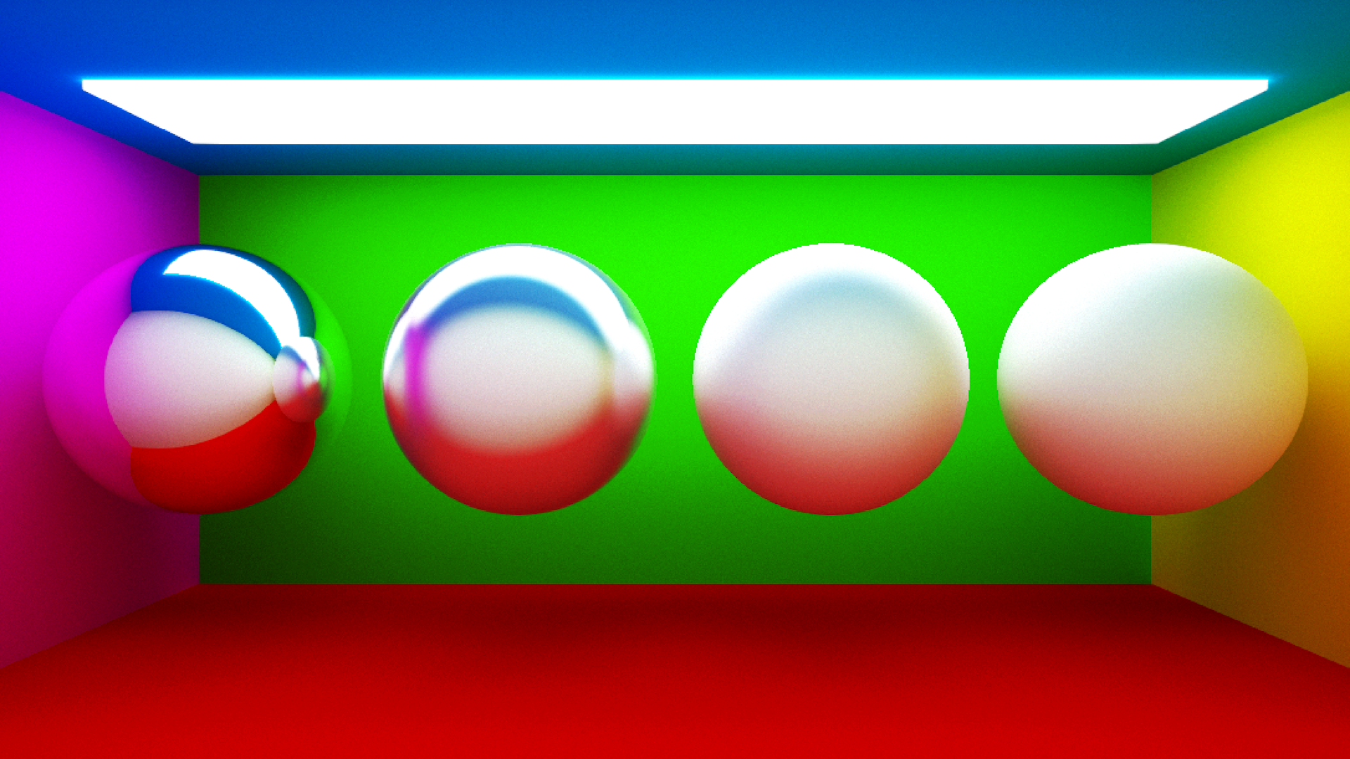 A scene with 4 spheres of varying reflectiveness and smoothness