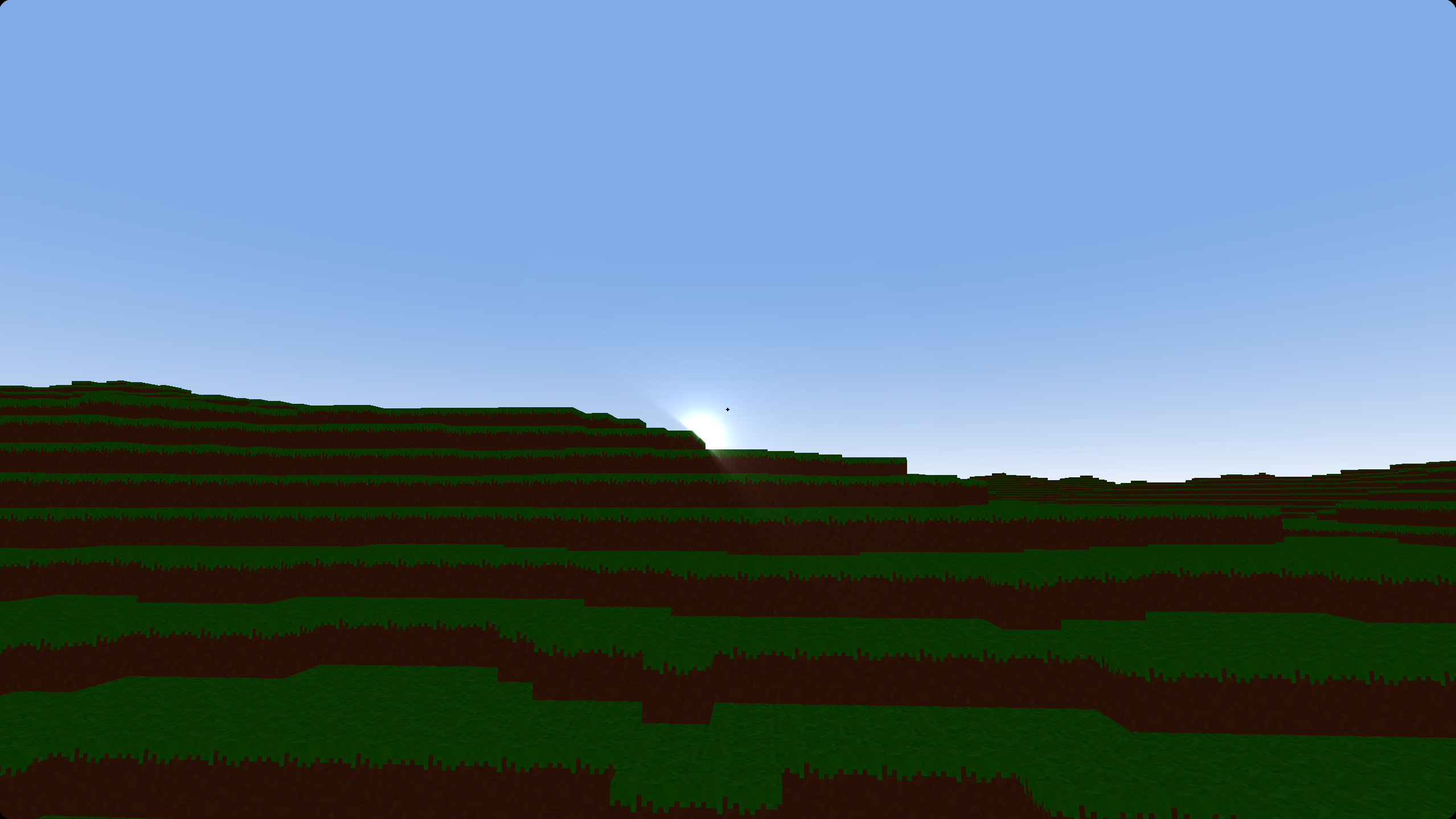 A screenshot of a voxel environment with a sun in the background.